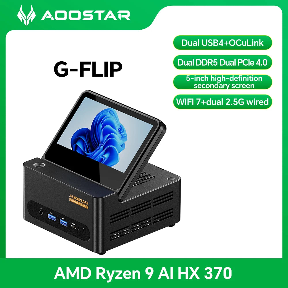 Mini Pc Aoostar  G-FLIP AMD Ryzen AI9-HX370 Desktop 5 inch" Flip Screen USB4 OCuLink Wi-Fi7 Desktop Computer Mini Pc for Windows