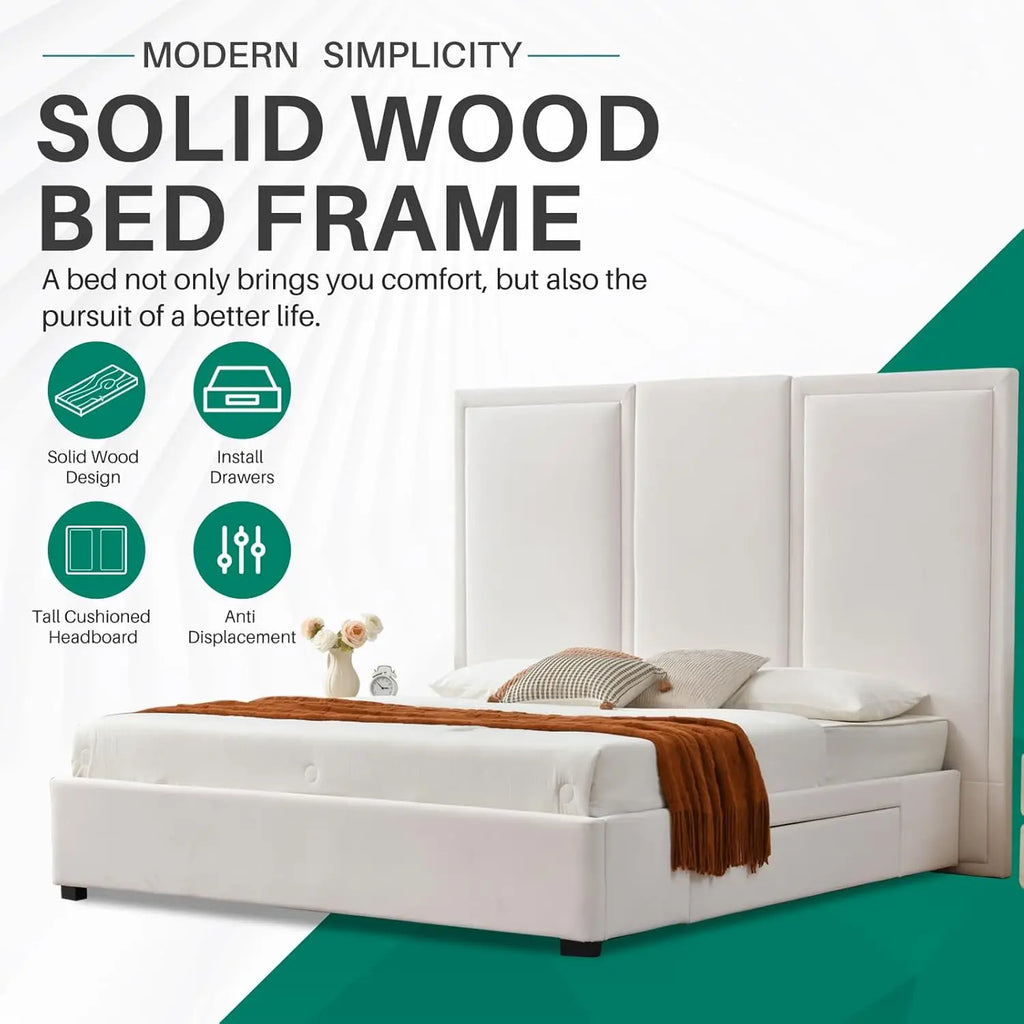 King Size Bed Frame Linen Upholstered Platform with 64-inch High Headboard And Storage Simple Airey Design Customized