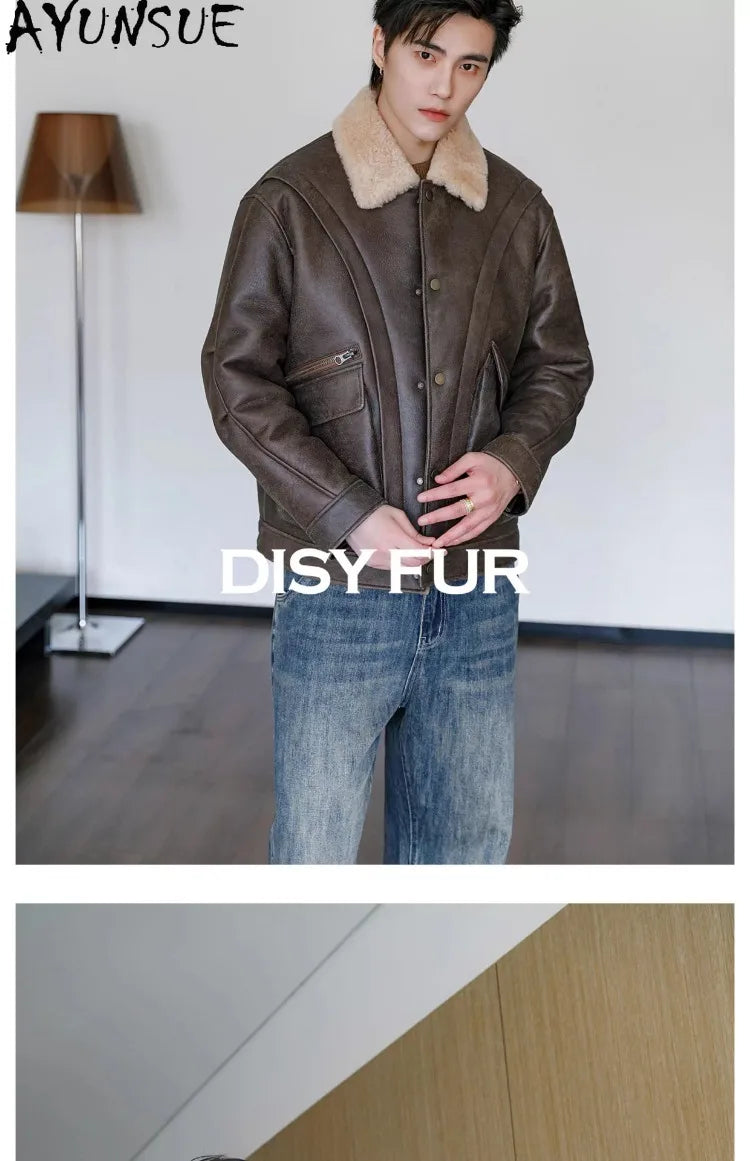 AYUNSUE Natural Sheepskin Fur Coat Men Autumn Winter New Short Real Wool Man Vintage Leather Jacket Motorcycle Fur Coats Jackets