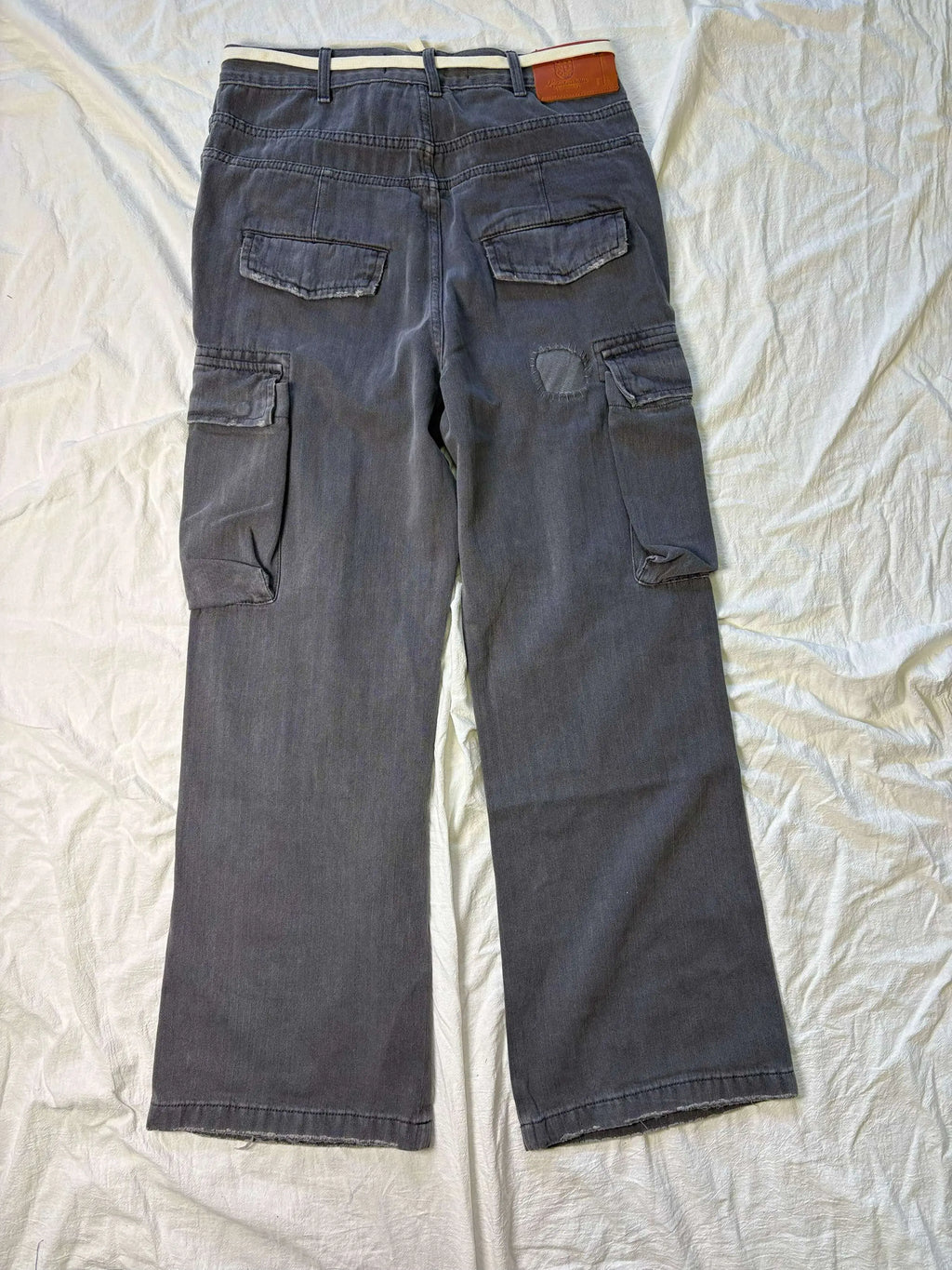 No faith studios herringbone twill grey ripped patch paint multi-pocket overalls