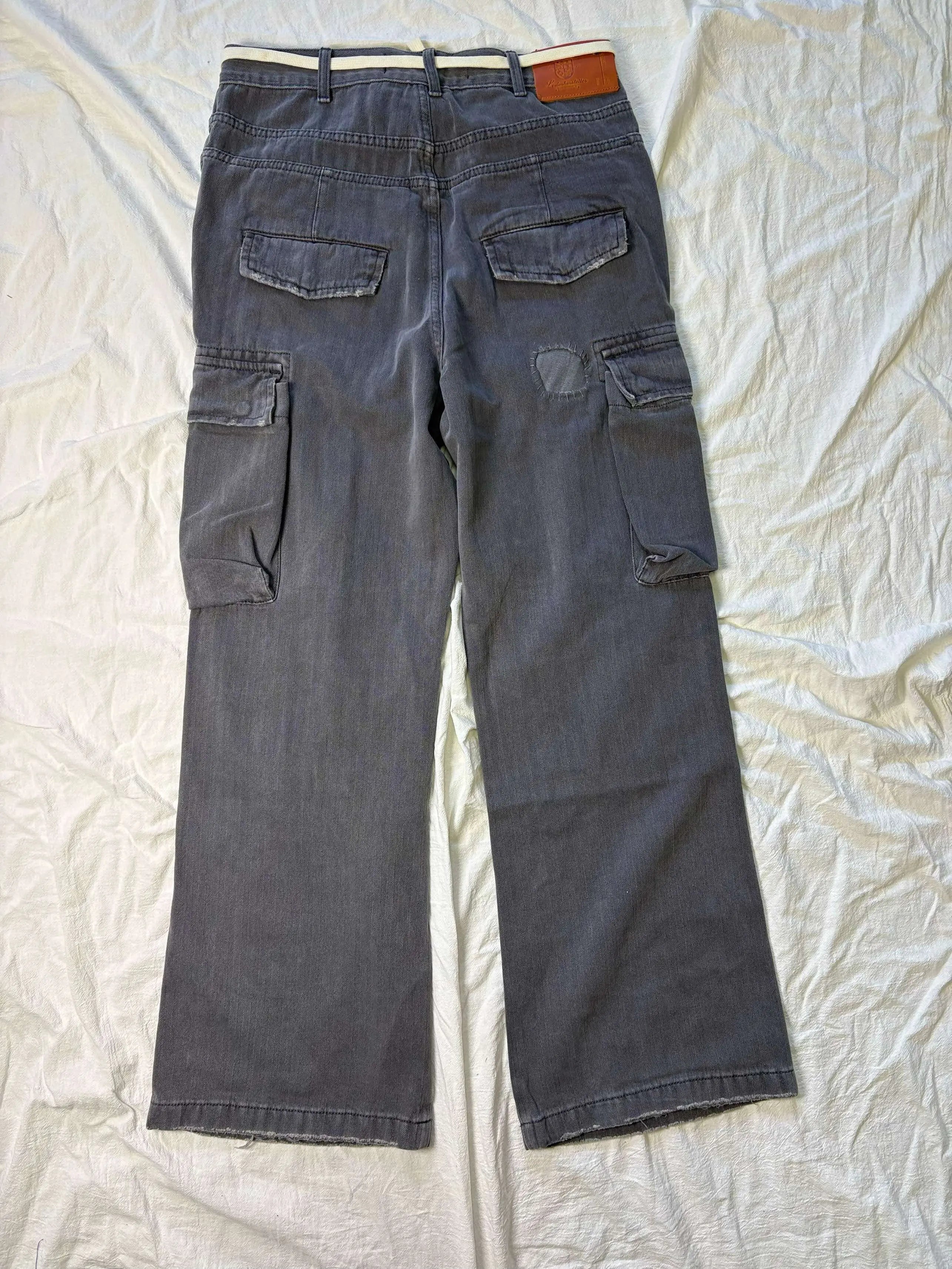 No faith studios herringbone twill grey ripped patch paint multi-pocket overalls