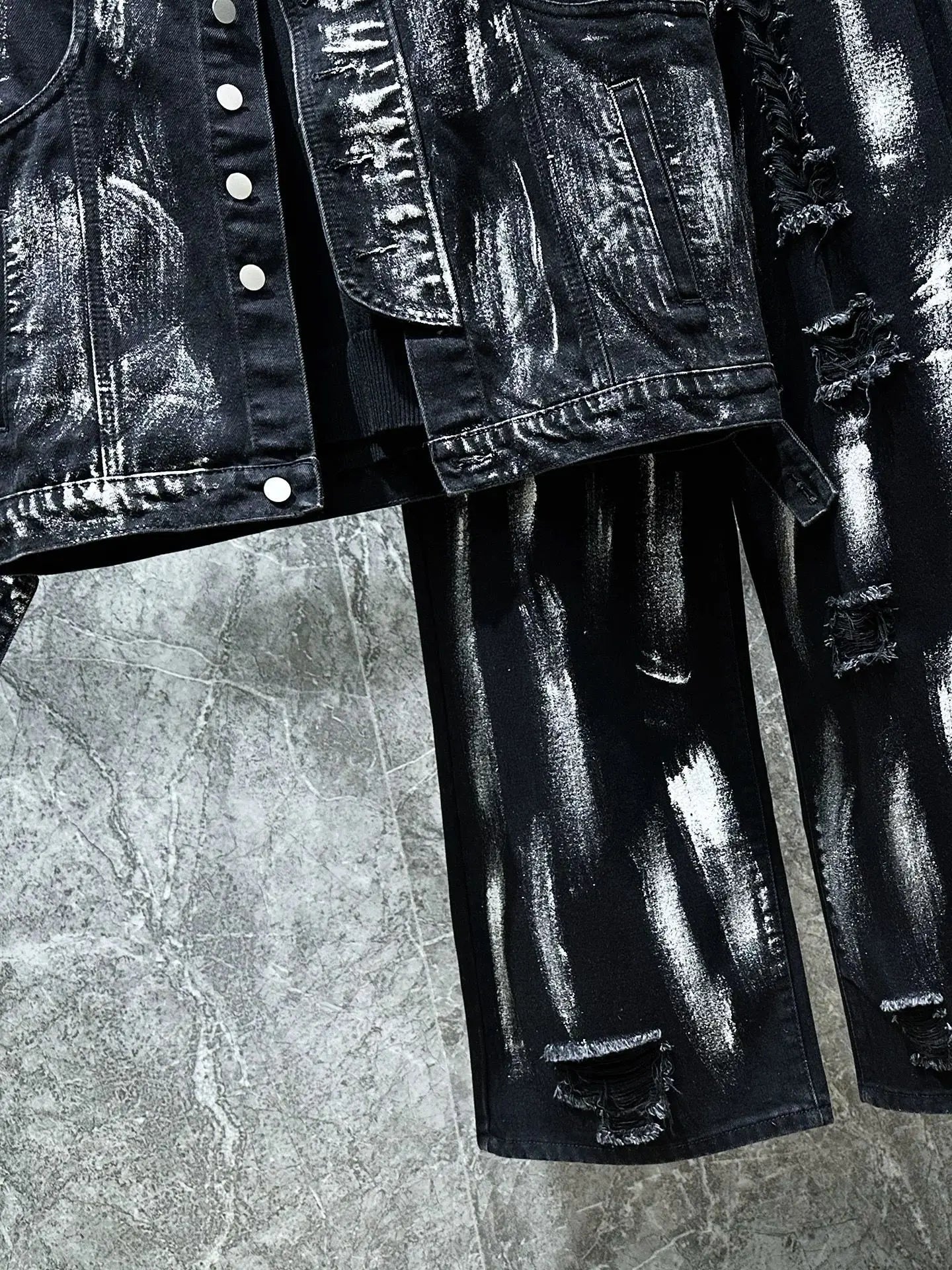 Men's Ripped Jeans Two-piece Set Splashed Ink Vest Jacket Straight Leg Pants American Fashion Autumn High Street Male Denim Sets