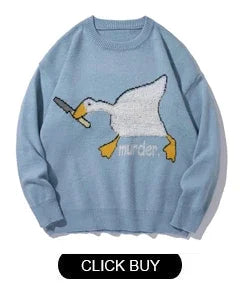 Japanese Knitted Sweater Men Cartoon Animal Duck Goose Print Pullover Harajuku Casual O-neck Oversize Top Streetwear Unisex Fall