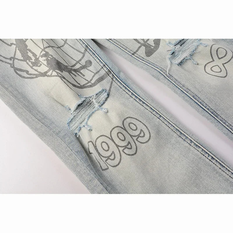 Men's High Street KSUBI Distressed Faded Blue Stretch Skinny Pattern Printing High Quality Button Fly Ripped Jeans Pants