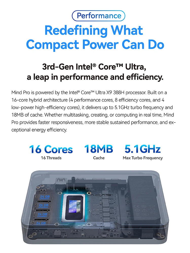 Khadas Mind Pro, AI Mini PC 180 TOPS, Intel Ultra X7 358H, Arc B390, 64GB+2TB, 7.98Wh Battery, Wi-Fi 7, BT 6.0, for Gaming/Offic