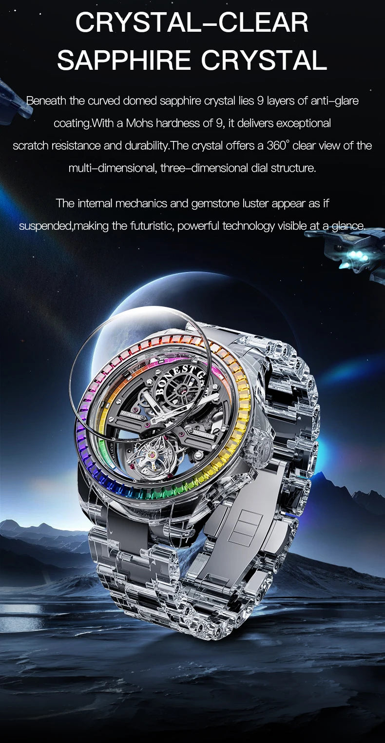 BONEST GATTI Luxury Skeleton Tourbillon Watch for Men K9 Crystal Case with Rainbow Bezel Automatic Mechanical Wristwatch