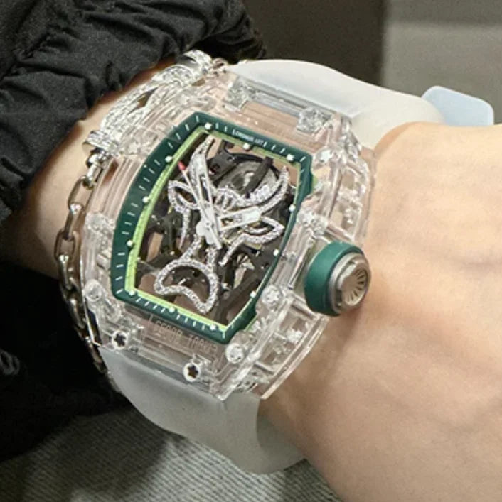 CRONUSART Men Automatic Watch 50mm Tonneau Mechanical Wristwatch Sapphire Case & Mirror Luminous FKM Strap Skeleton Bull Dial