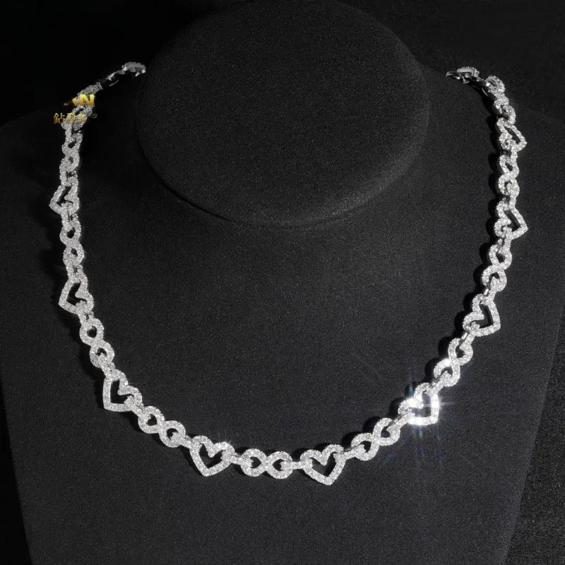 Hiphop 8.5mm Iced Moissanite Heart Infinity Chain Necklace for Men Rock Jewelry Bling Diamond Link Necklaces Plated Rhodium