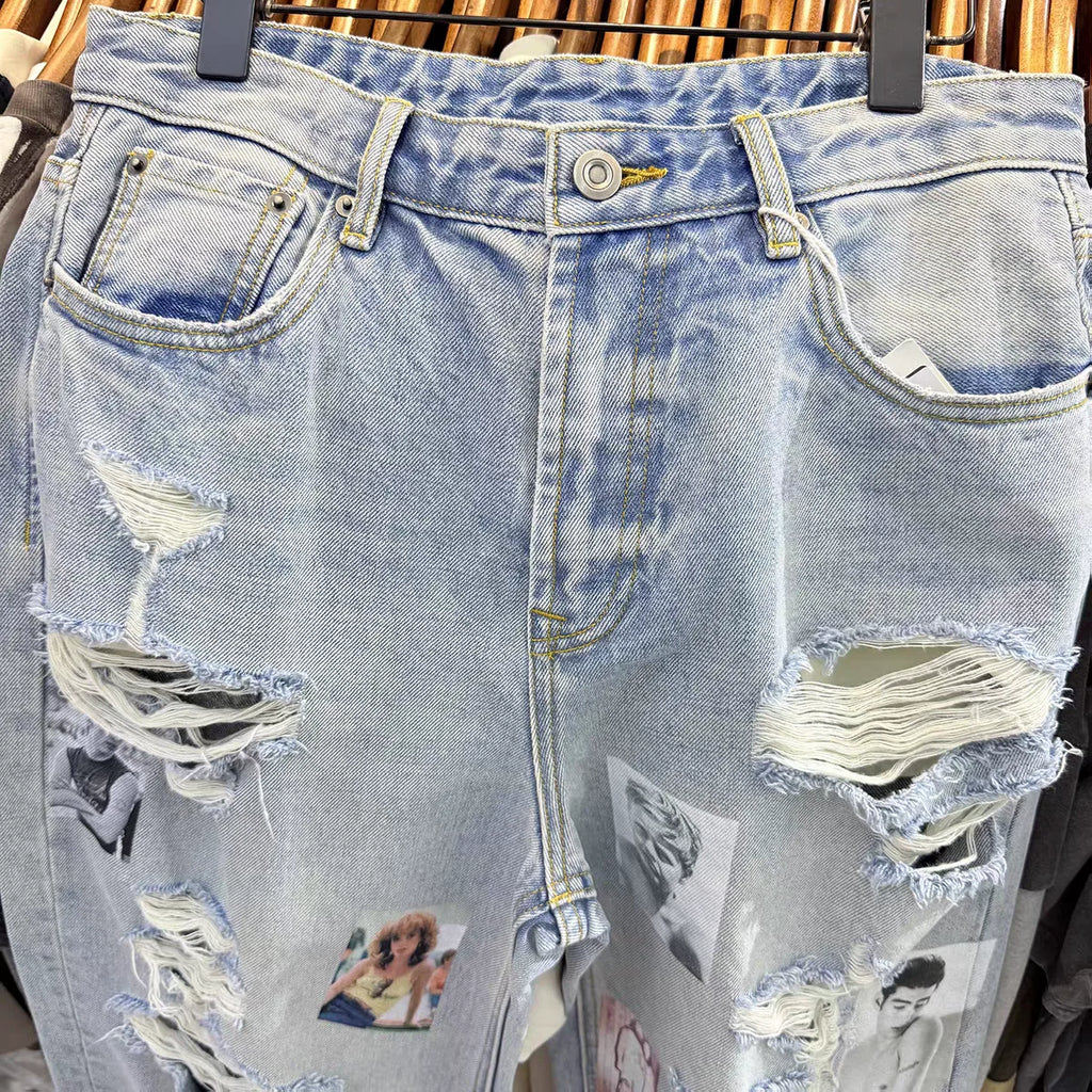 Retro distressed distressed portrait print straight leg jeans Washed Denim Pants For Men Women Joggers Trousers