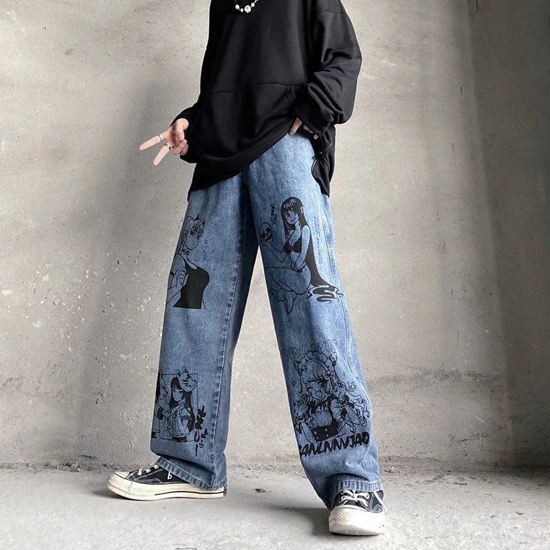 Washed Jeans Retro Harajuku Anime Cartoon Print Men Baggy Jeans Streetwear Hip Hop Tide Denim Pants Fashion Loose Wide Leg Pants