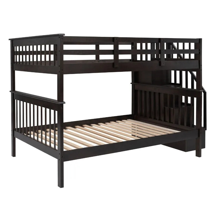Stairway Full-Over-Full Bunk Bed with Storage and Guard Rail for Bedroom Dorm Espresso