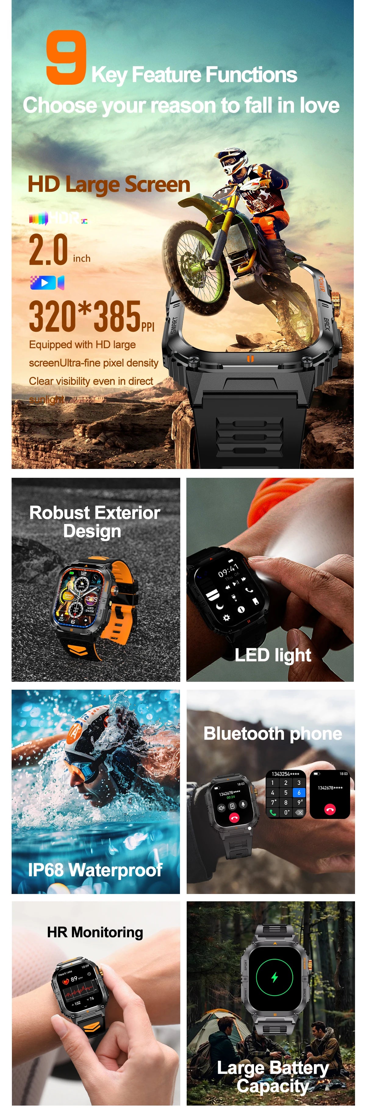 New 1000mAh military outdoor smartwatch for men, LED flashlight, IP68 waterproof, GPS sports, 2.01-inch Bluetooth call smartwatc