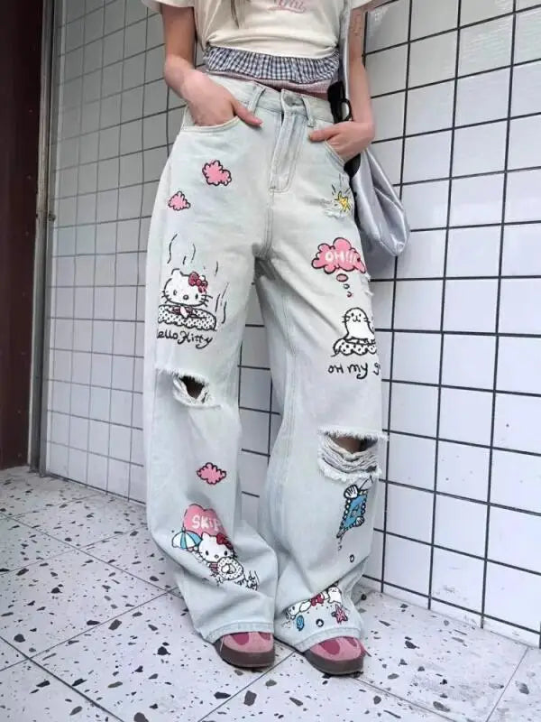 Kawaii Jeans Hello Kittys Ripped Wide-Leg Pants Cute Fashion Straight New Style Loose Comfortable Breathable Cartoon