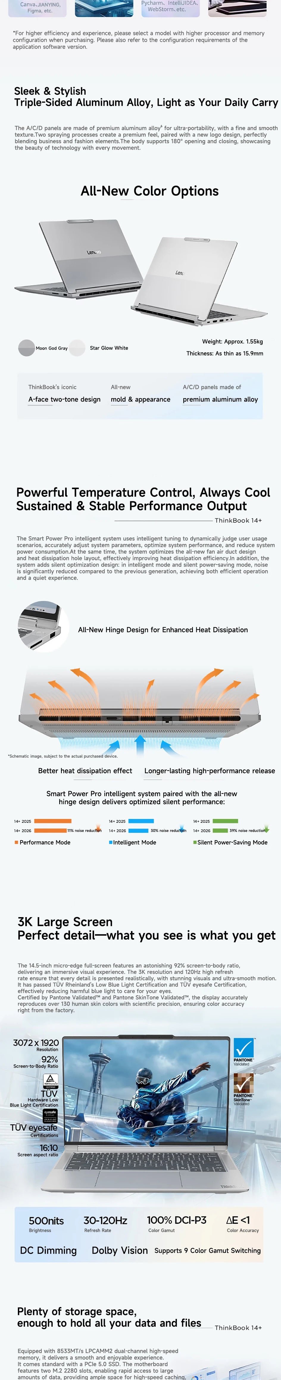2026 New Lenovo Thinkbook 14+ AI Laptop 14.5" 3K 120Hz Screen Ultra X7 358H 32GB LPDDR5x 1TB SSD Integrated Graphics Notebook PC