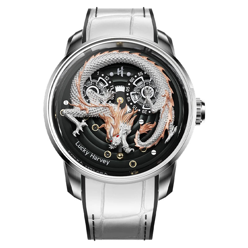 Lucky Harvey Chinese 3D Engraving Dragon Dial Automatic Mechanical Watches for Men Sapphire Crystal Business Fashion Watch
