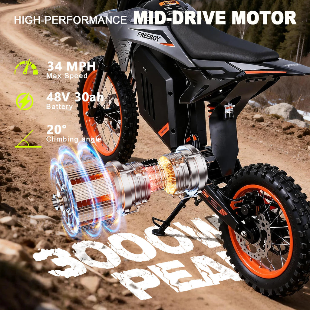 FREEBOY 3000W Electric Dirt Bike for Teens&Adults, 34mph, 48V 30Ah Battery, Off Road Electric Motorcycle with 14''/12'' Tires