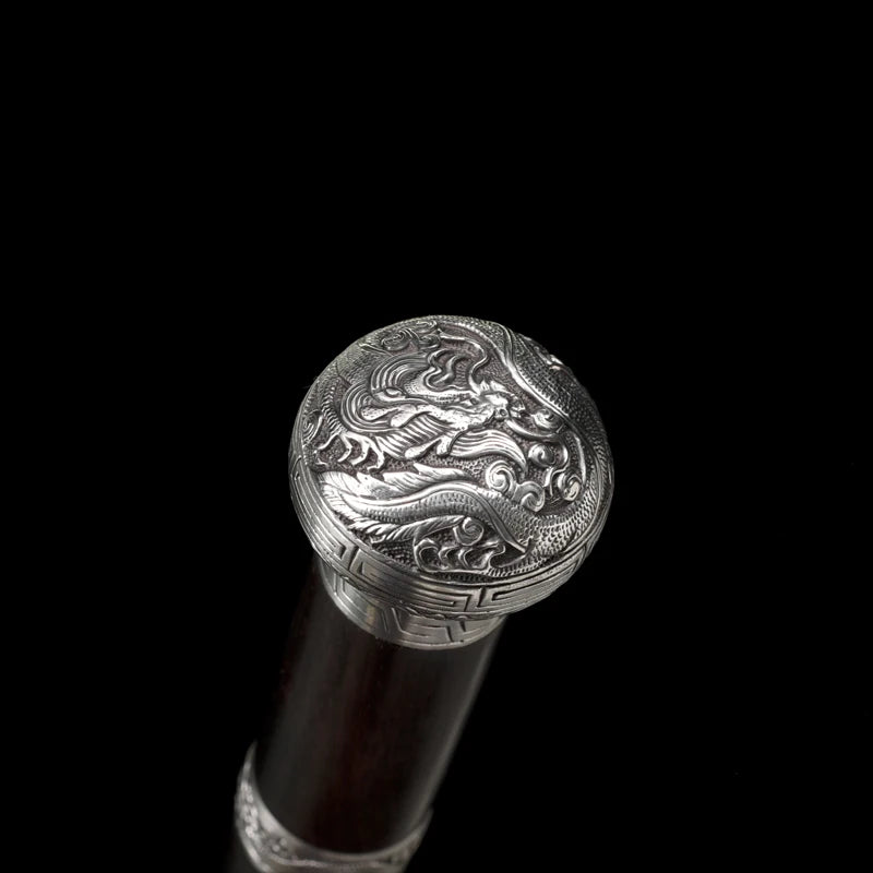 Chinese Staff Sword Folded Steel Damascus Blade Sharp Real Ebony Wood Scabbard Walking Stick Samurai Swords Silver Dragon Katana