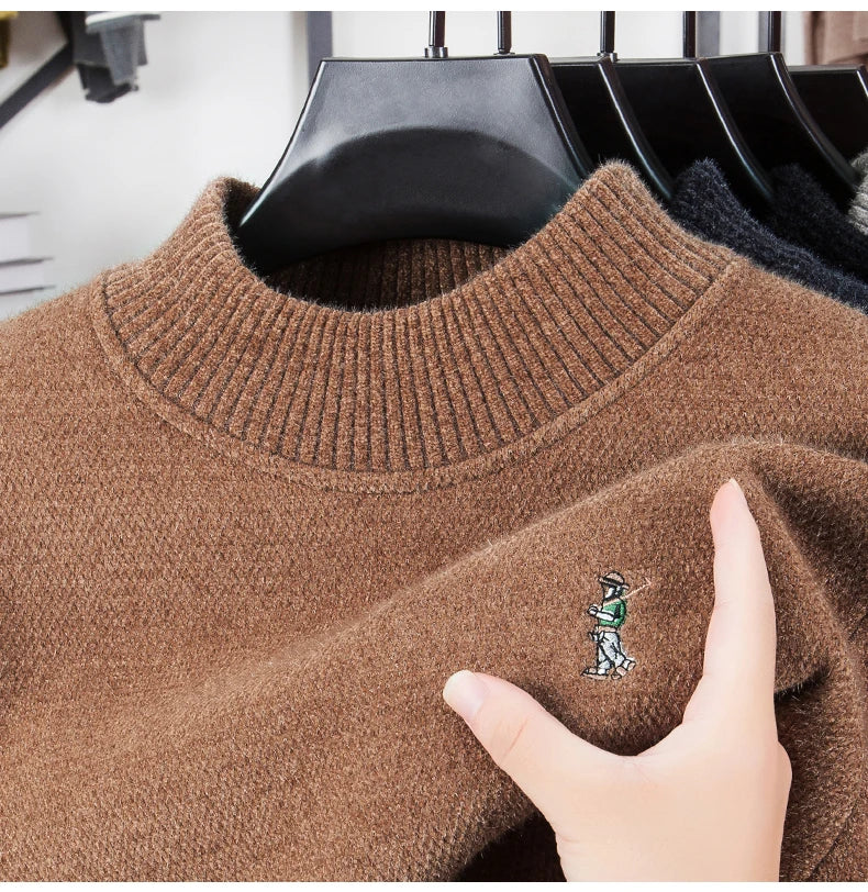 Luxury brand men's round neck knitted sweater fashion cartoon embroidery comfort warm plush autumn winter casual golf pullover