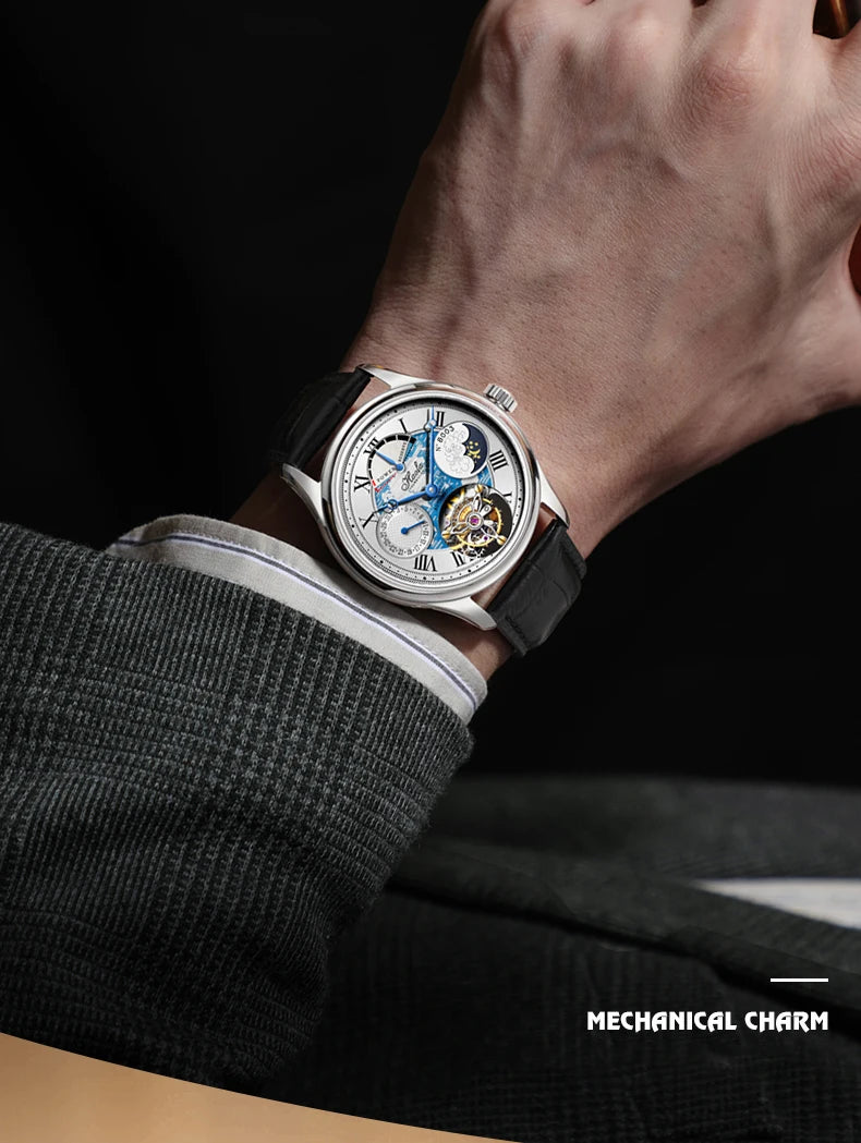 Haofa Automatic Flying Tourbillon Movement Watch Man Luxury Sapphire Skeleton Moon Phase Complete Calendar Watches For Men 8003