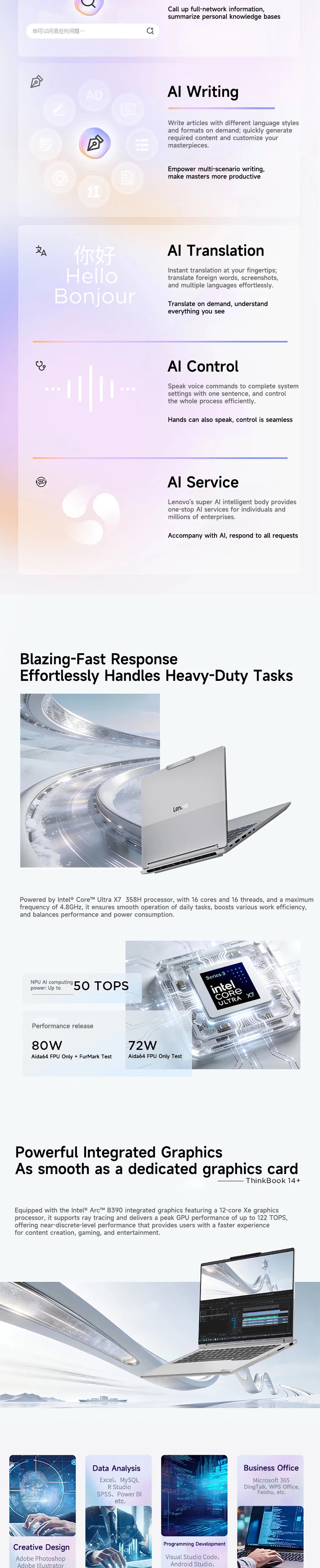2026 New Lenovo Thinkbook 14+ AI Laptop 14.5" 3K 120Hz Screen Ultra X7 358H 32GB LPDDR5x 1TB SSD Integrated Graphics Notebook PC