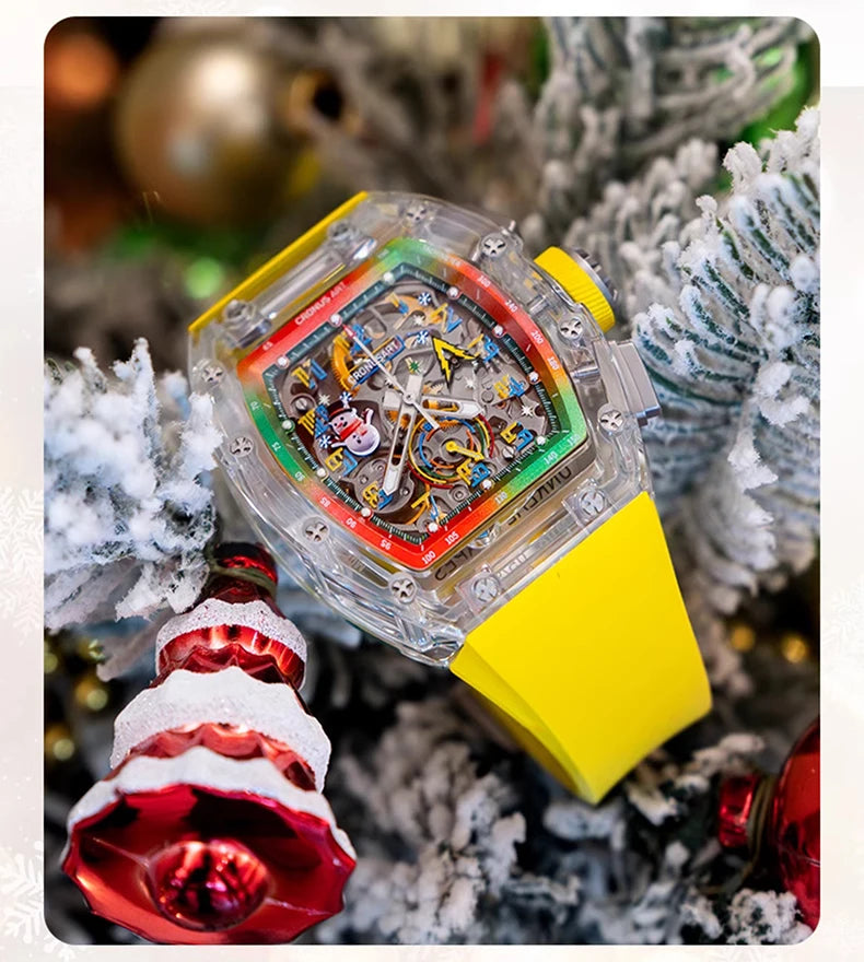 CRONUSART Men Chronograph Watch Tonneau Mechanical Wristwatch Sapphire Case Luminous Fluororubber Strap Christmas Limied Edition