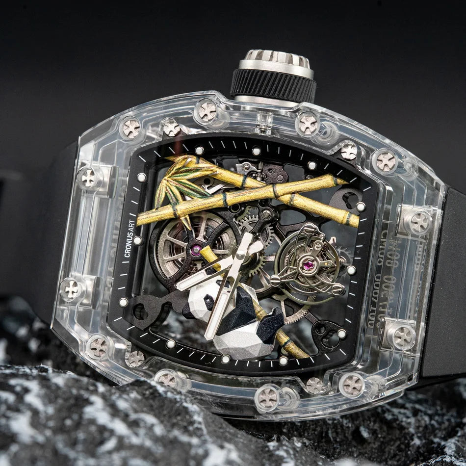 CRONUSART Men Tourbillon Watch 50mm*42mm Tonneau Sapphire Case Mechanical Wristwatch Fluororubber Strap Skeleton Panda Dial