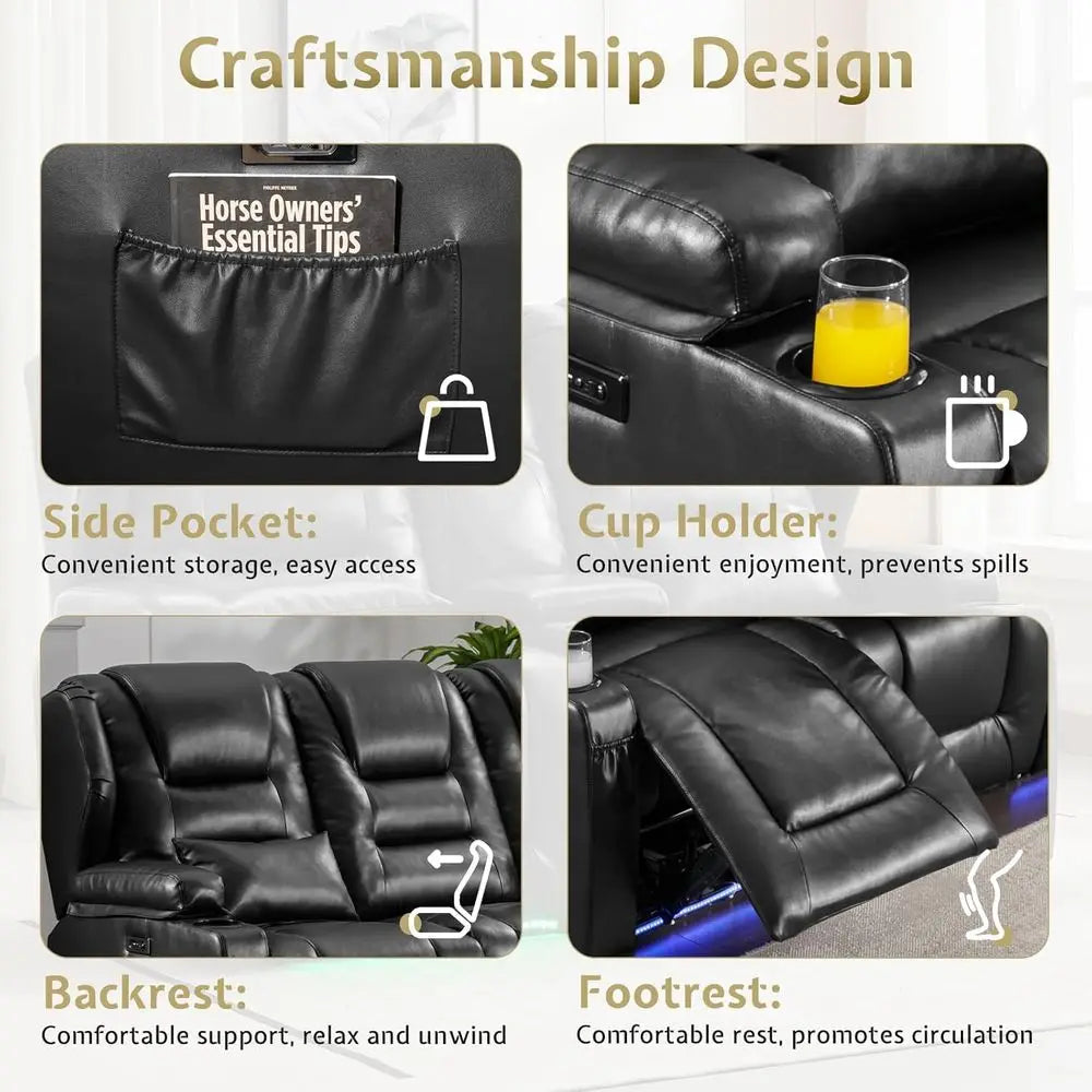 Adjustable Split Back Reclining Loveseat with Storage, Cup Holders, LED Lighting - Black Auxiliary Leather Home Theater Seating