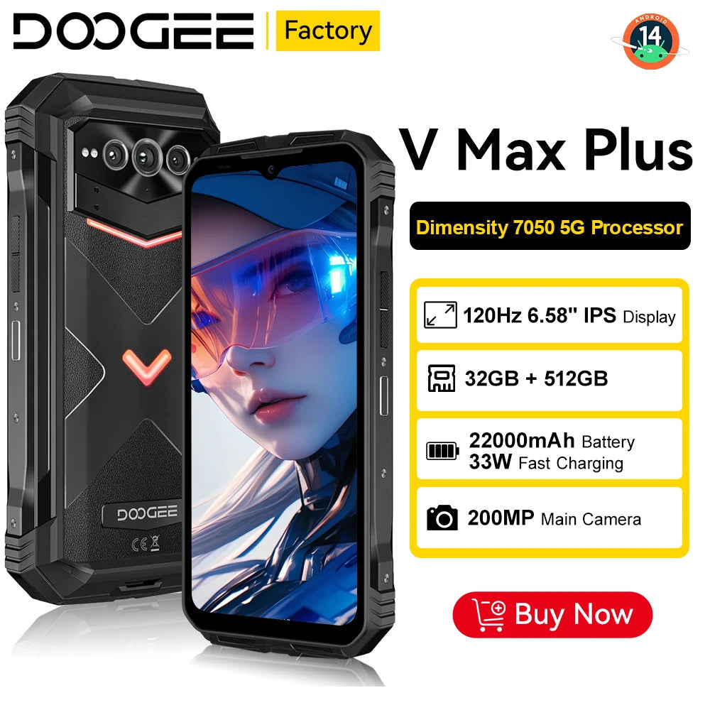 DOOGEE V Max Plus Rugged Phone 6.58" Display Dimensity 7050 Telephone Portable 36GB+512GB 22000mAh 200MP Smartphone Android 14