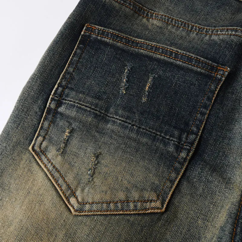 Y2k new men's jeans washed nostalgic perforated black leather patch deep blue jeans high street designer hip-hop brand high-qual