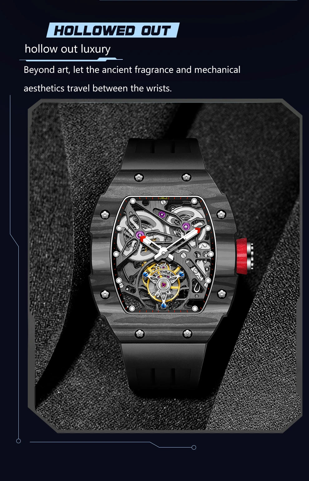 Haofa Automatic Tourbillon Watch Men Carbon Fiber Hollow Movement Luminous Sapphire Crystal Mechanical Man Watches Luxury 1901-1