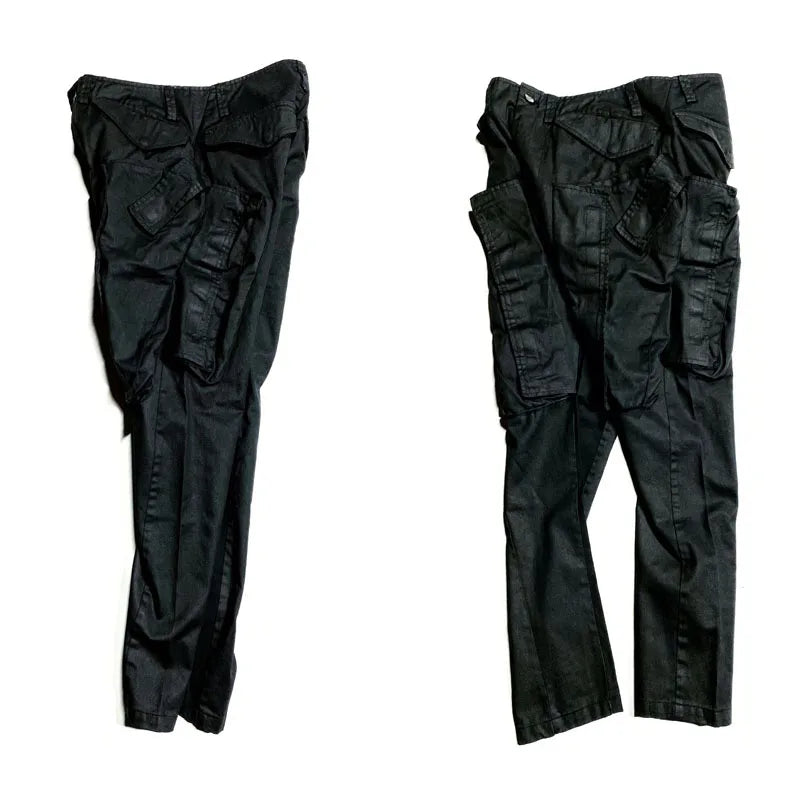 Dark Multi Pockets Function Cargo Pants Slim Fit Elastic Casual Joggers Trousers Men