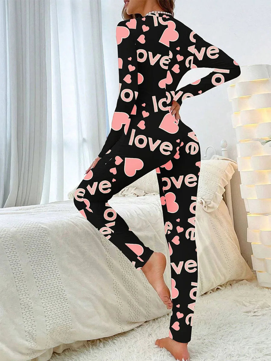 Women Jumpsuit Long Sleeve V Neck Button Closure Letters Heart Print Bodysuit Loungewear Sleepwear for Valentines Day