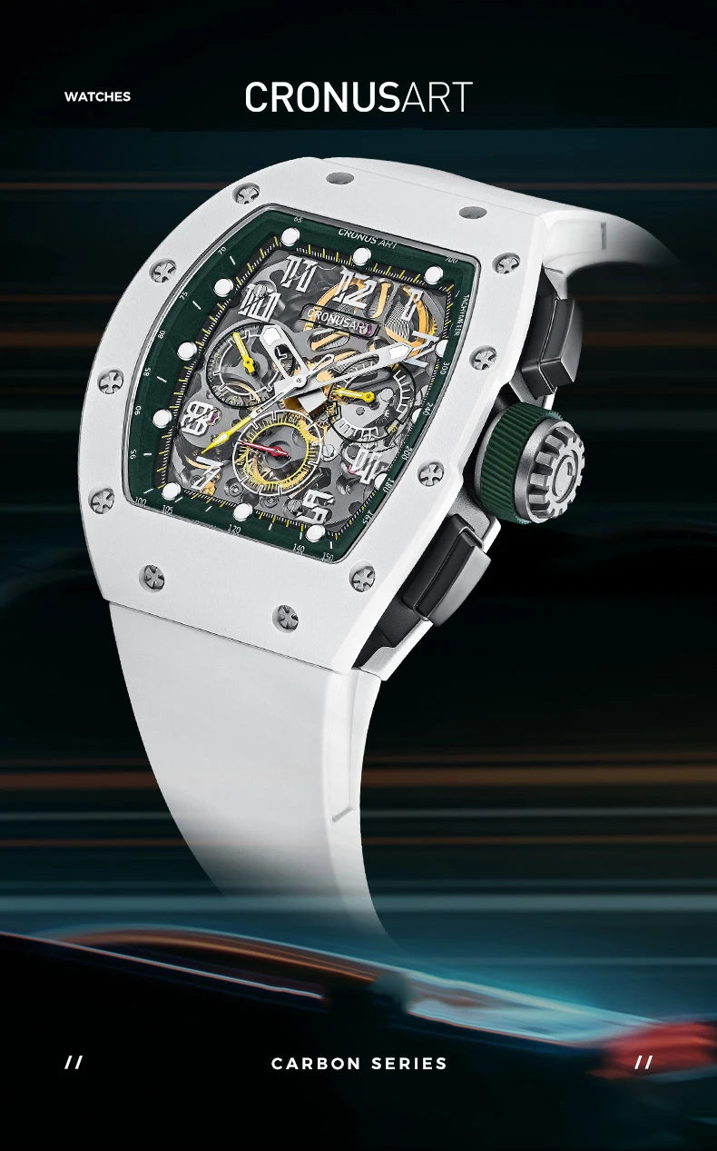 CRONUSART Men Chronograph Watch 50mm Tonneau Automatic Mechanical Wristwatch Luminous Sapphire Fluororubber Strap Triple Windows
