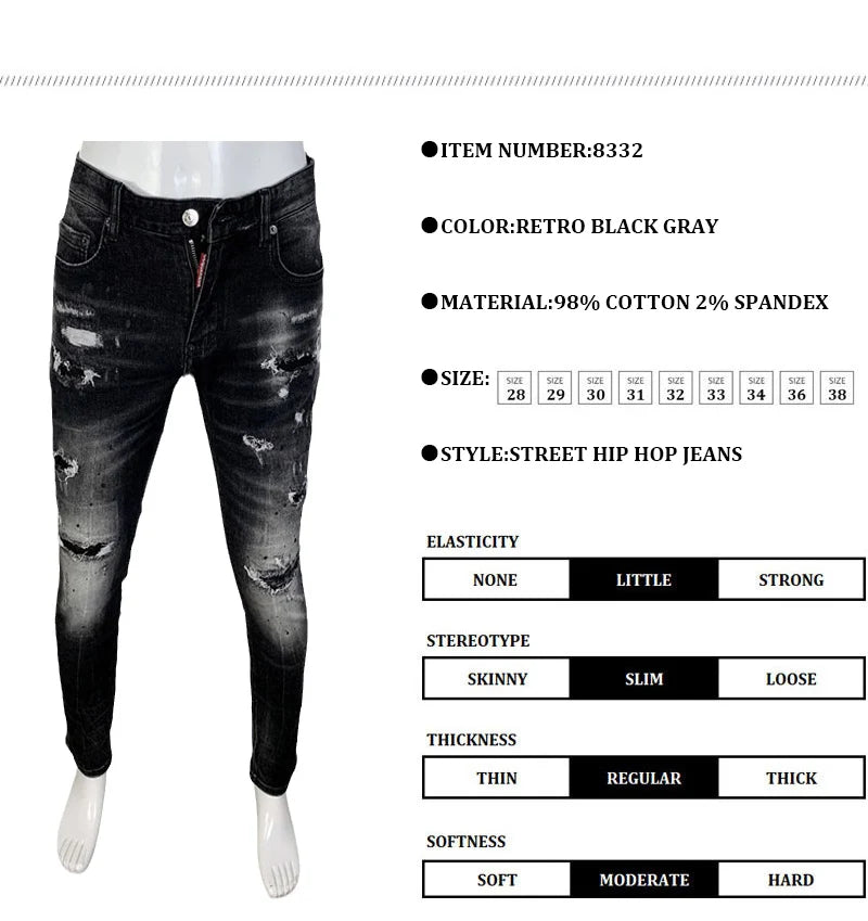 Street Fashion Men Jeans Retro Black Gray Elastic Stretch Slim Fit Hole Ripped Jeans Men Patched Designer Hip Hop Brand Pants