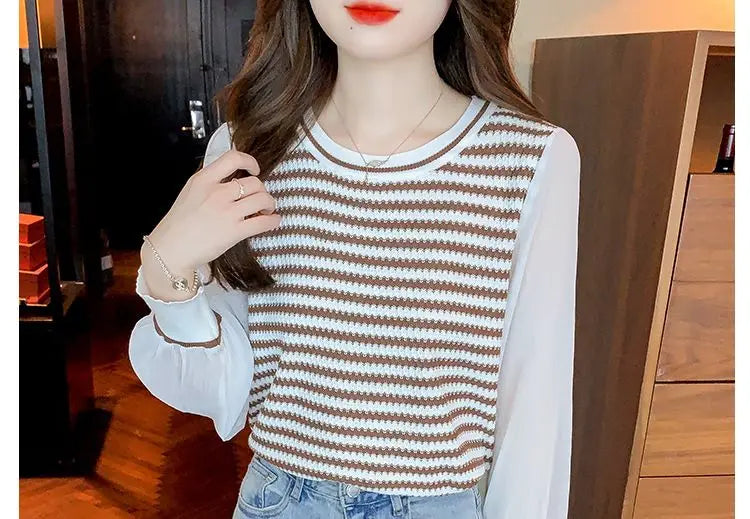 Patchwork Striped Fake Two Pieces Blouse Spring Autumn Long Sleeve O-neck Korean Shirt Tops Fashion Temperament Women Clothing