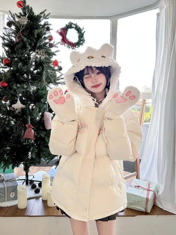 Kawaii Hello Kitty Women Beige 2025 Winter Warm Thick Jacket Paw Gloves Design Casual Y2K Aesthetic Fashion Outerwear Loose