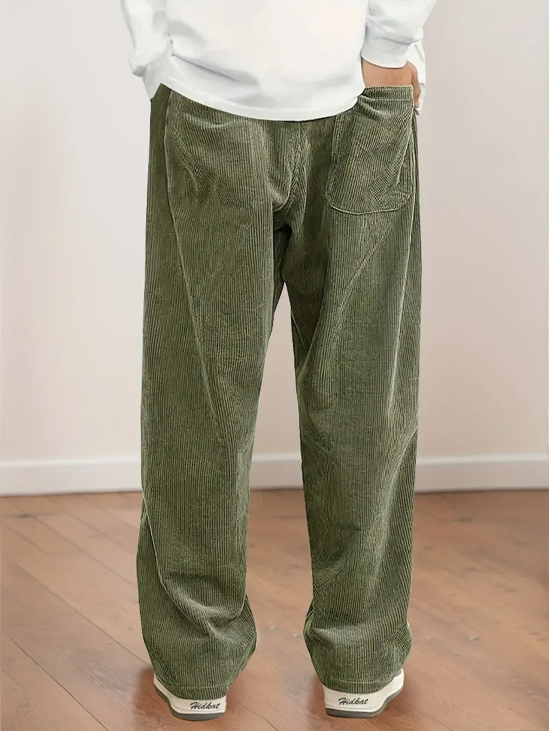 Women's Corduroy Pants Texture Straight-Leg Trousers with Drawstring Waist & White Piping - All-Season Casual to Semi-Formal