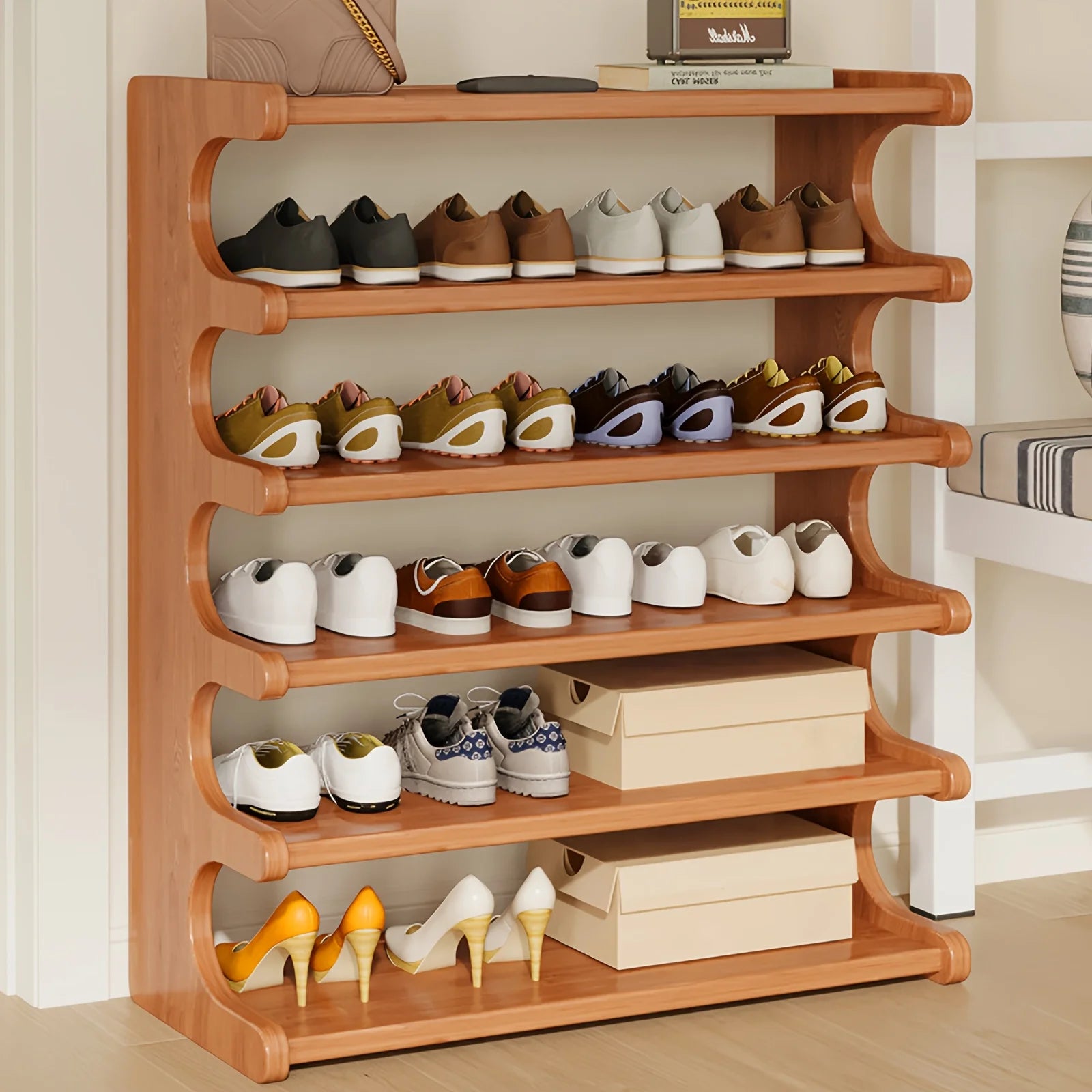 Multi-Tier Shoe Storage Rack, Compact Space-Saving Easy Assembly, Square Shelves for Entryway Dorms Apartments Home Desk Drawer
