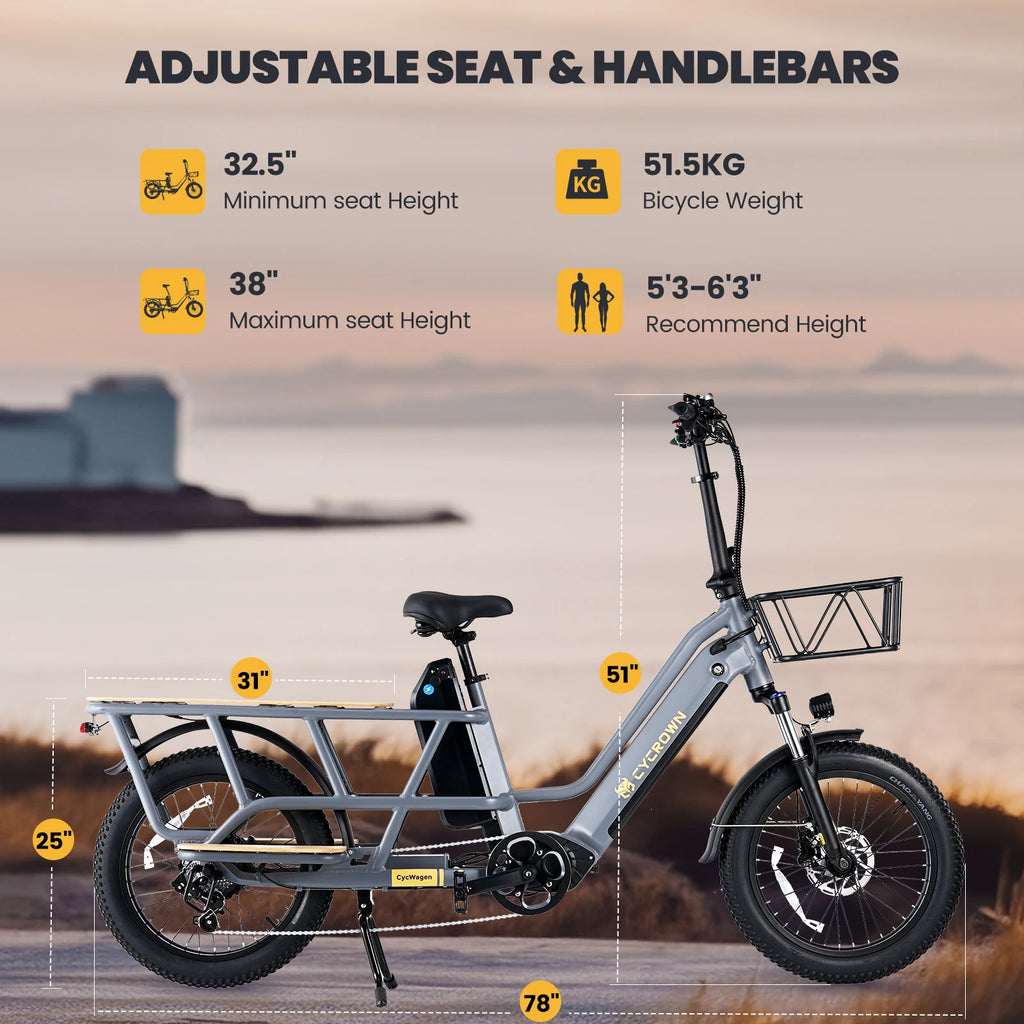 Electric Cargo Bike For Adults CYCROWN 20x3" 1000W Motor Top Speed 28Mph City E-Bike 48V 25AH Max Range 120Miles Load 400Ibs
