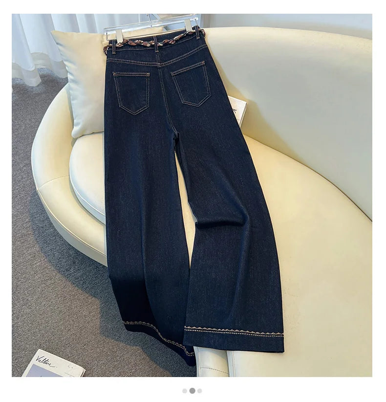 2025 Autumn New Denim Blue Wide Leg Women's Jeans Super Popular Pants with Silk Scarf Belt Fashion Straight Trousers