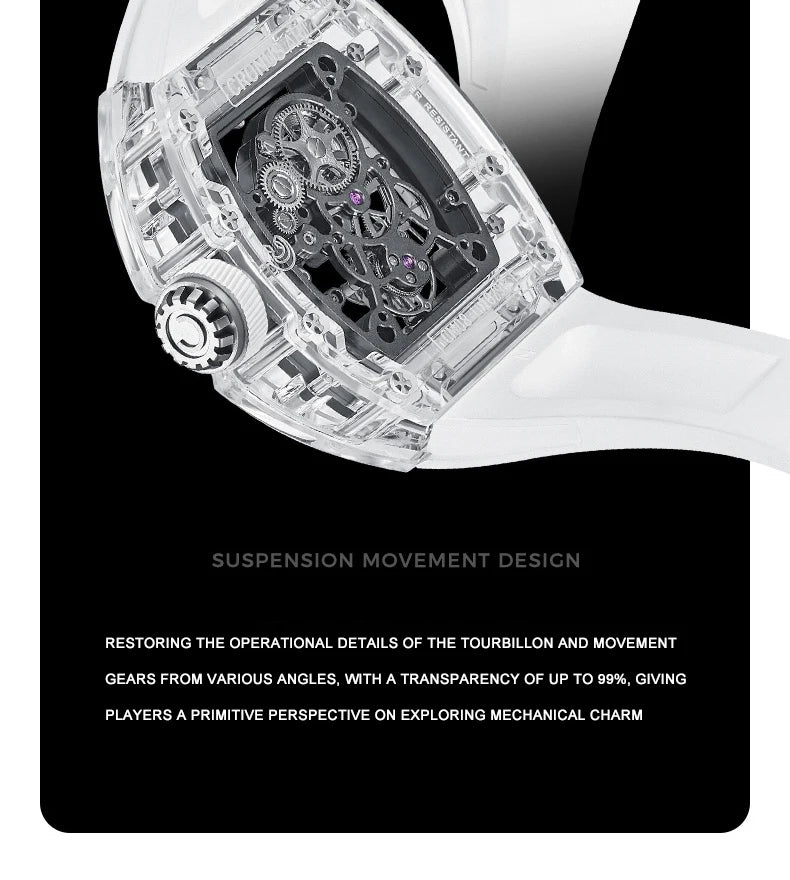 CRONUSART Men Tourbillon Watch 50mm Tonneau Mechanical Wristwatch Sapphire Case Mirror Luminous Fluororubber Strap Skeleton Dial