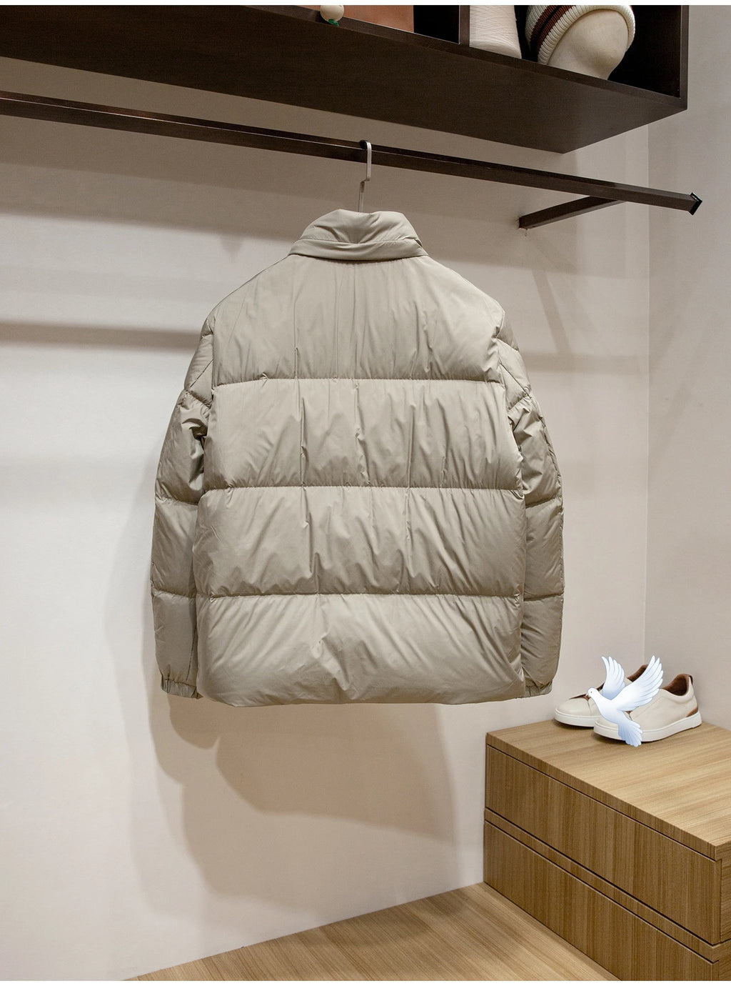 Men's High-Fluffy White Goose down Jacket Urban Outdoor Casual Hooded Stand-Up Collar Warm Filled Coat