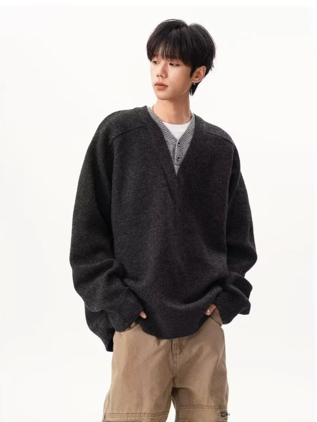 Fur Collar Pullovers Anime Mens Korean Japanese Minimalist Design Simple Clean Look Elegant Pure Advanced Aesthetics Premium Top