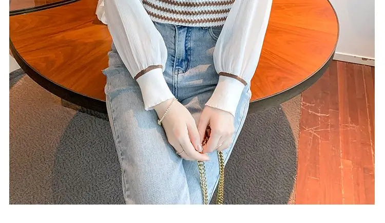 Patchwork Striped Fake Two Pieces Blouse Spring Autumn Long Sleeve O-neck Korean Shirt Tops Fashion Temperament Women Clothing