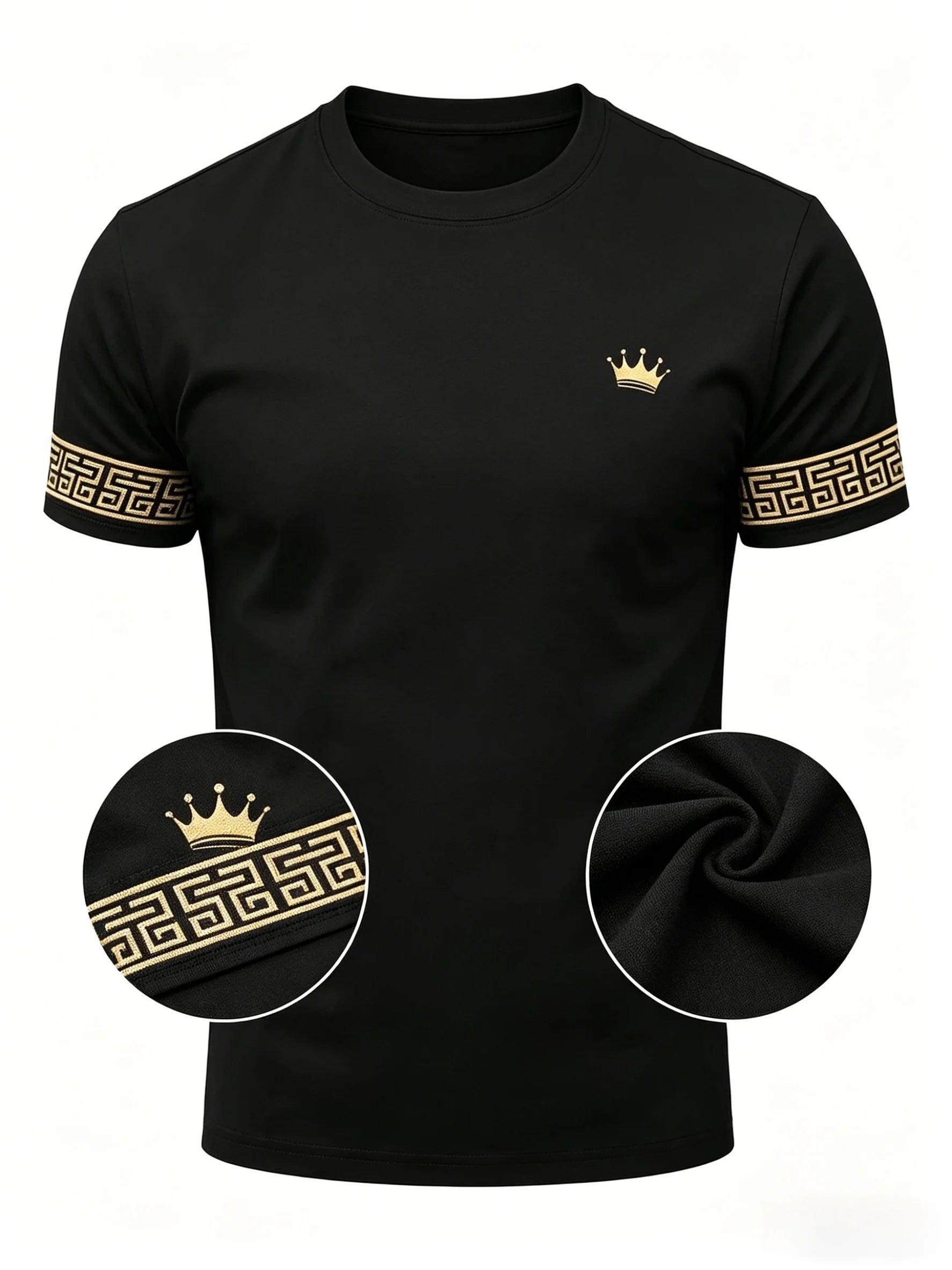 T Shirt for Man Men's Black and Golden Casual T-shirt Printed with "King" Crown + Arm Pattern Clothing Light Luxury Personality