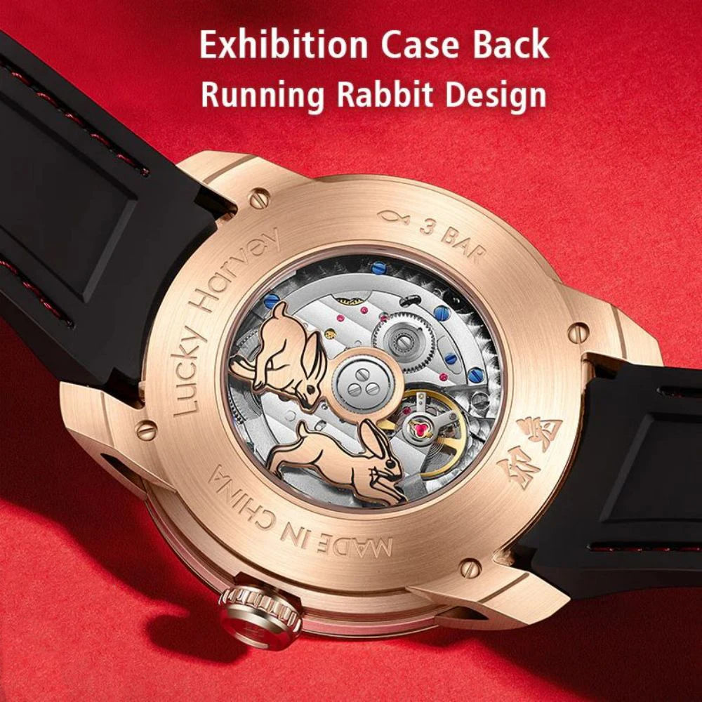Lucky Harvey Limited Edition Automatic Mechanical Watches for Men Cute 3D Rabbit Dial Synthetic Sapphire Waterproof Wrist Watch