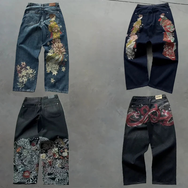 Y2K Harajuku Jeans new Dragon Embroidery high quality jeans 2000s Gothic Vintage Hip Hop streetwear denim fabric wide leg pants