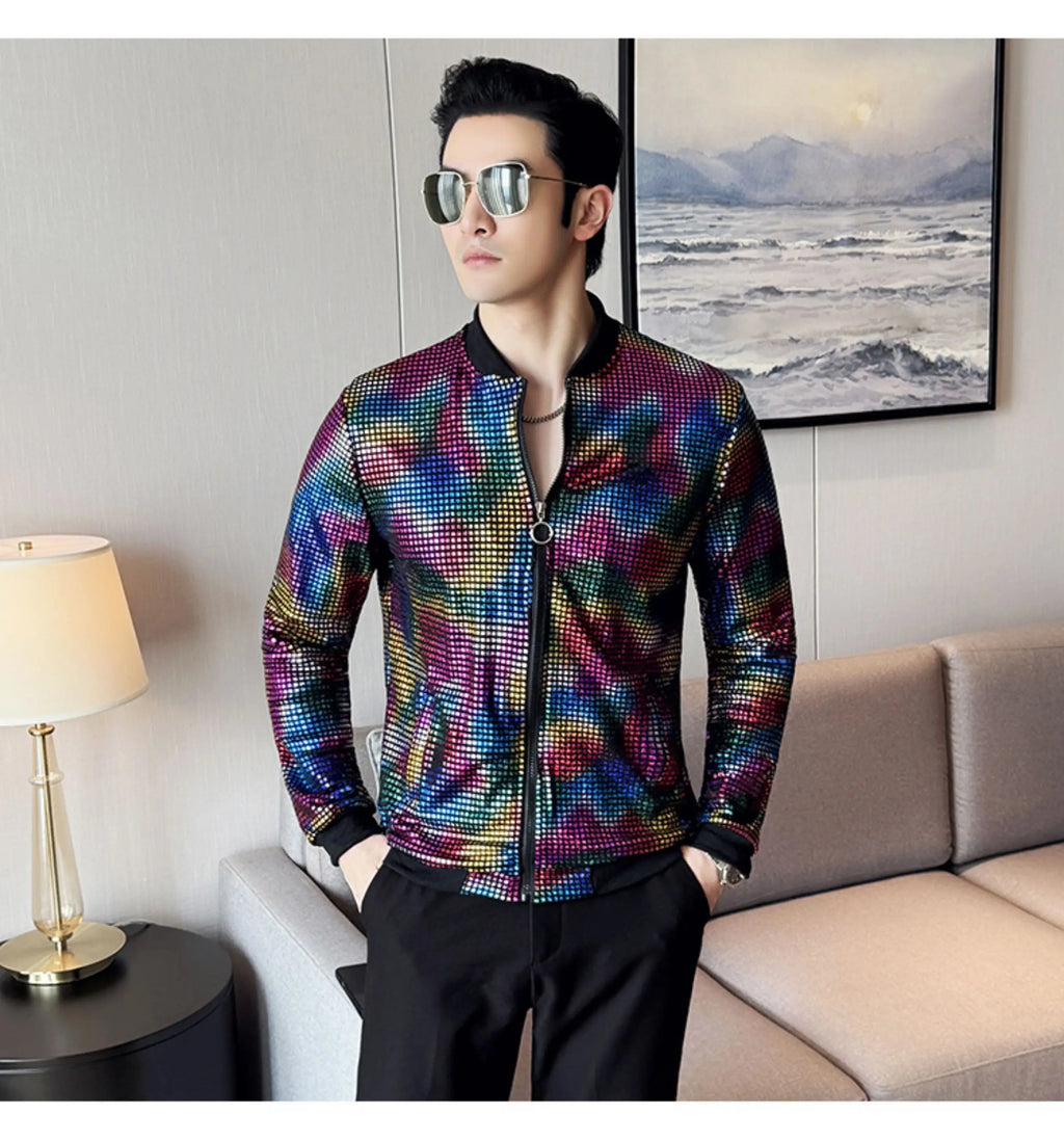 Jas Men's New Diamond Plaid Jackets Men Hip Hop Y2K Bombers Jacket Night Club Stage Streetwear Thin Coat Clothing Veste Homme
