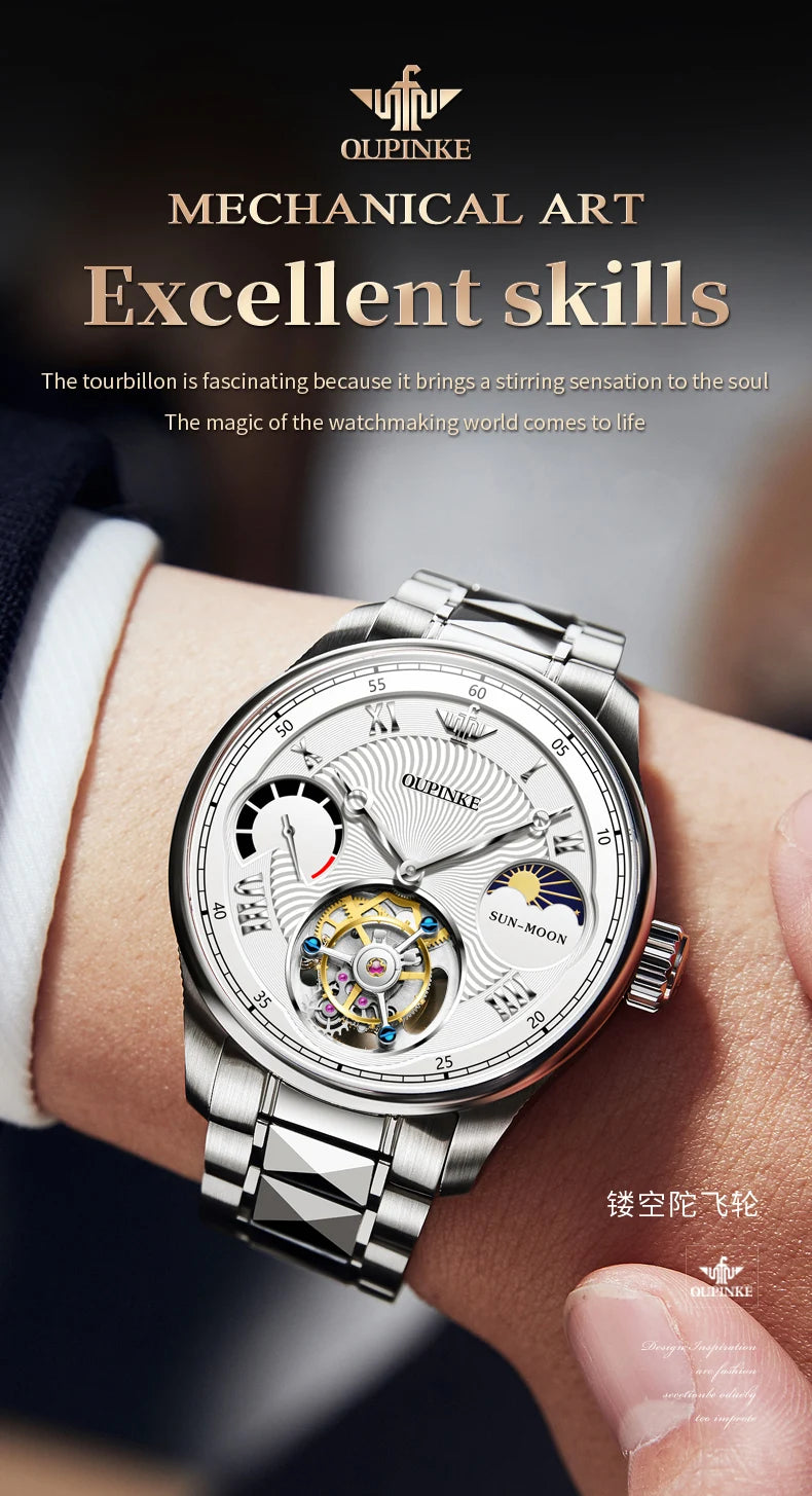 OUPINKE Men's Watch Top Luxury Fashion Original Tourbillon Mechanical Watch for Man Leather Strap Sapphire Mirror Moon Phase