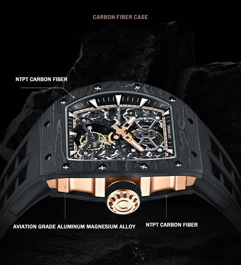CRONUSART Men Tourbillon Watch 50mm Tonneau Mechanical Wristwatch Carbon Fiber Case & Dial Luminous Sapphire Mirror